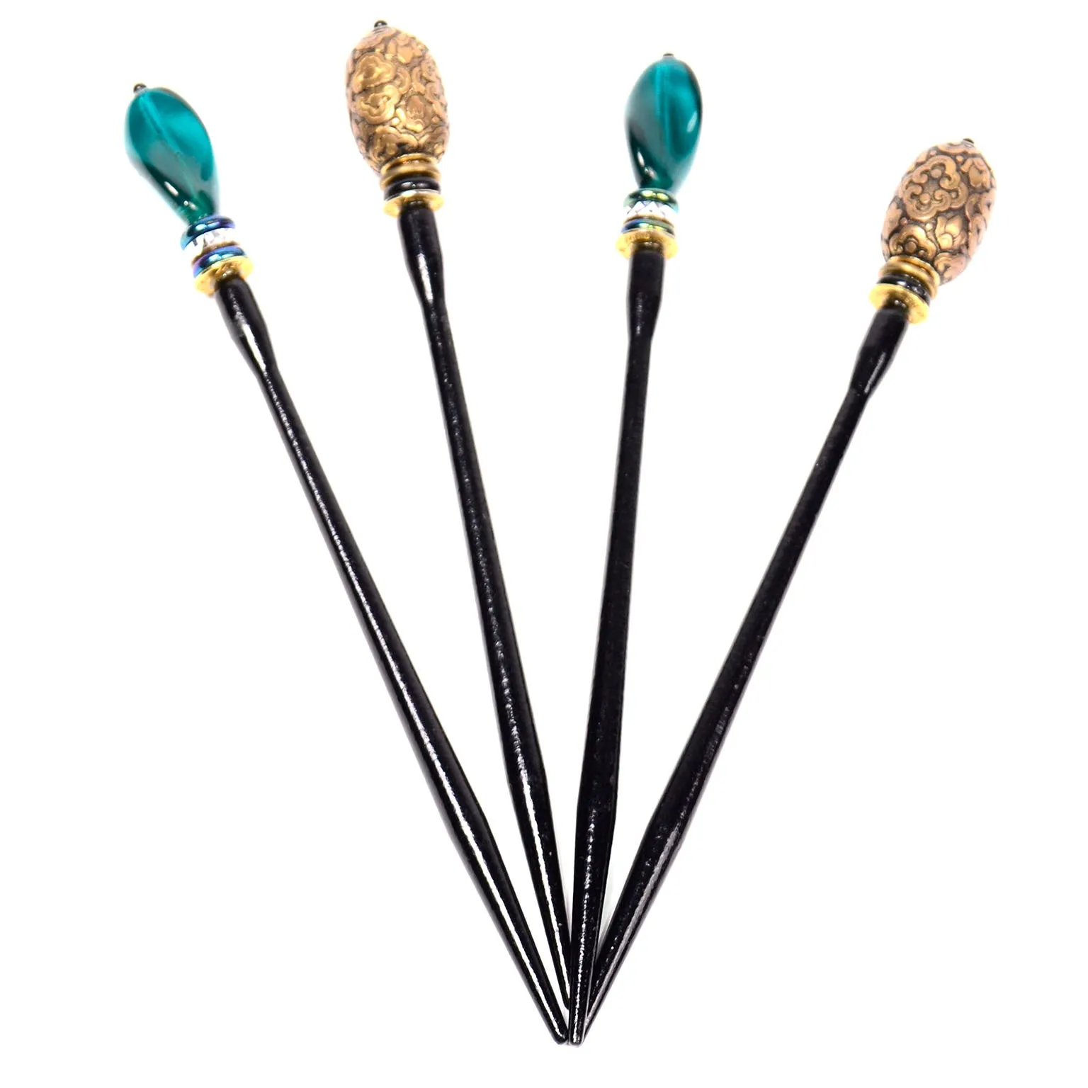 1980s Vintage Mei Fa Hair Sticks Gold Baroque & Green Murano Glass