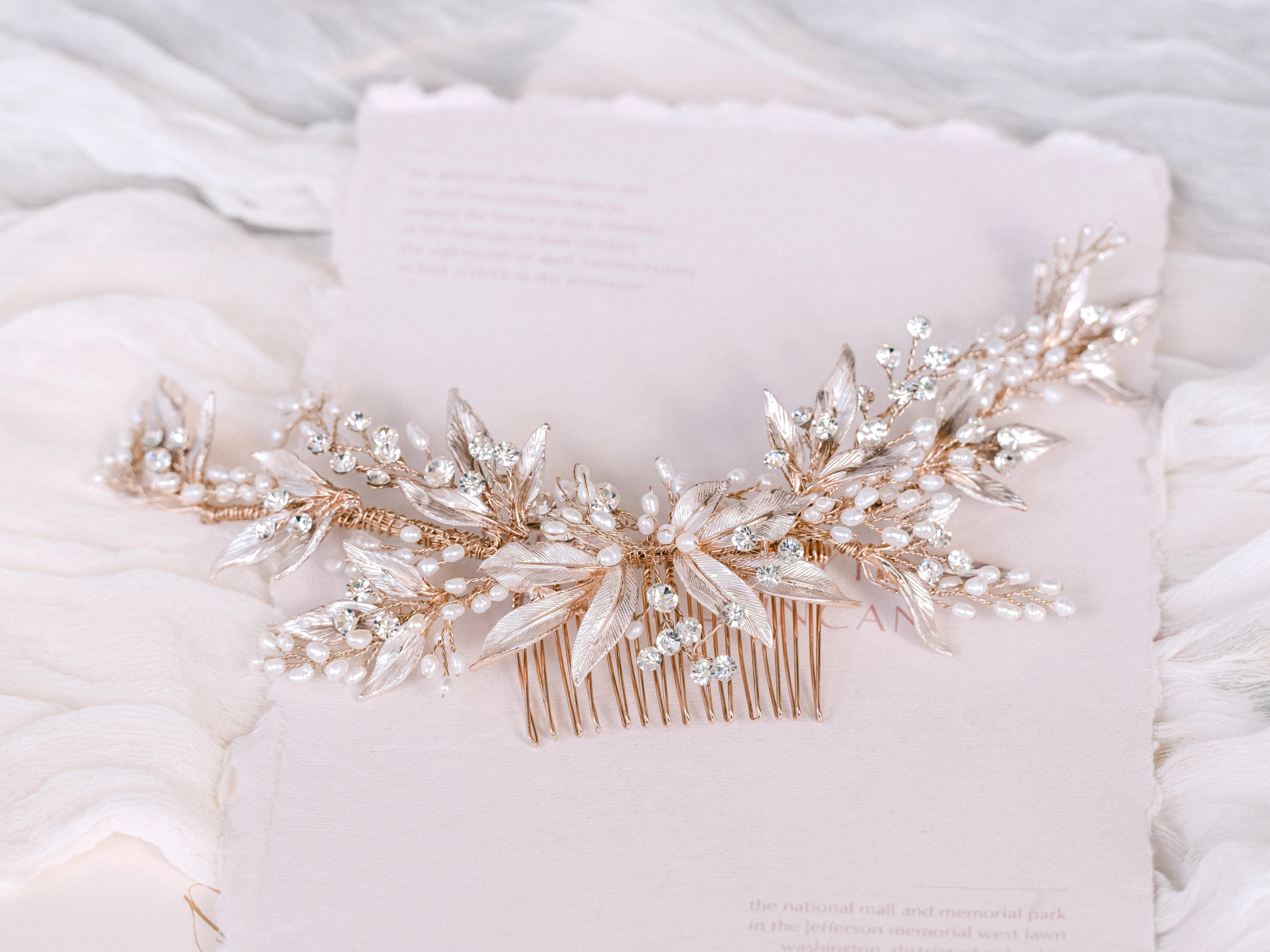 Amelia - Statement Leaf Crystal Pearl Bridal Comb