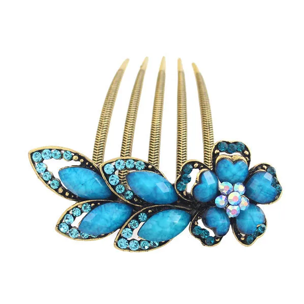 Antique Brass Rhinestone Flower French Twist Updo Comb Blue