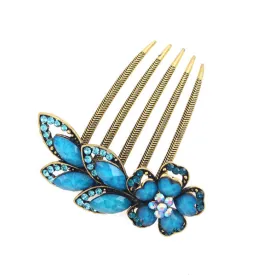 Antique Brass Rhinestone Flower French Twist Updo Comb Blue