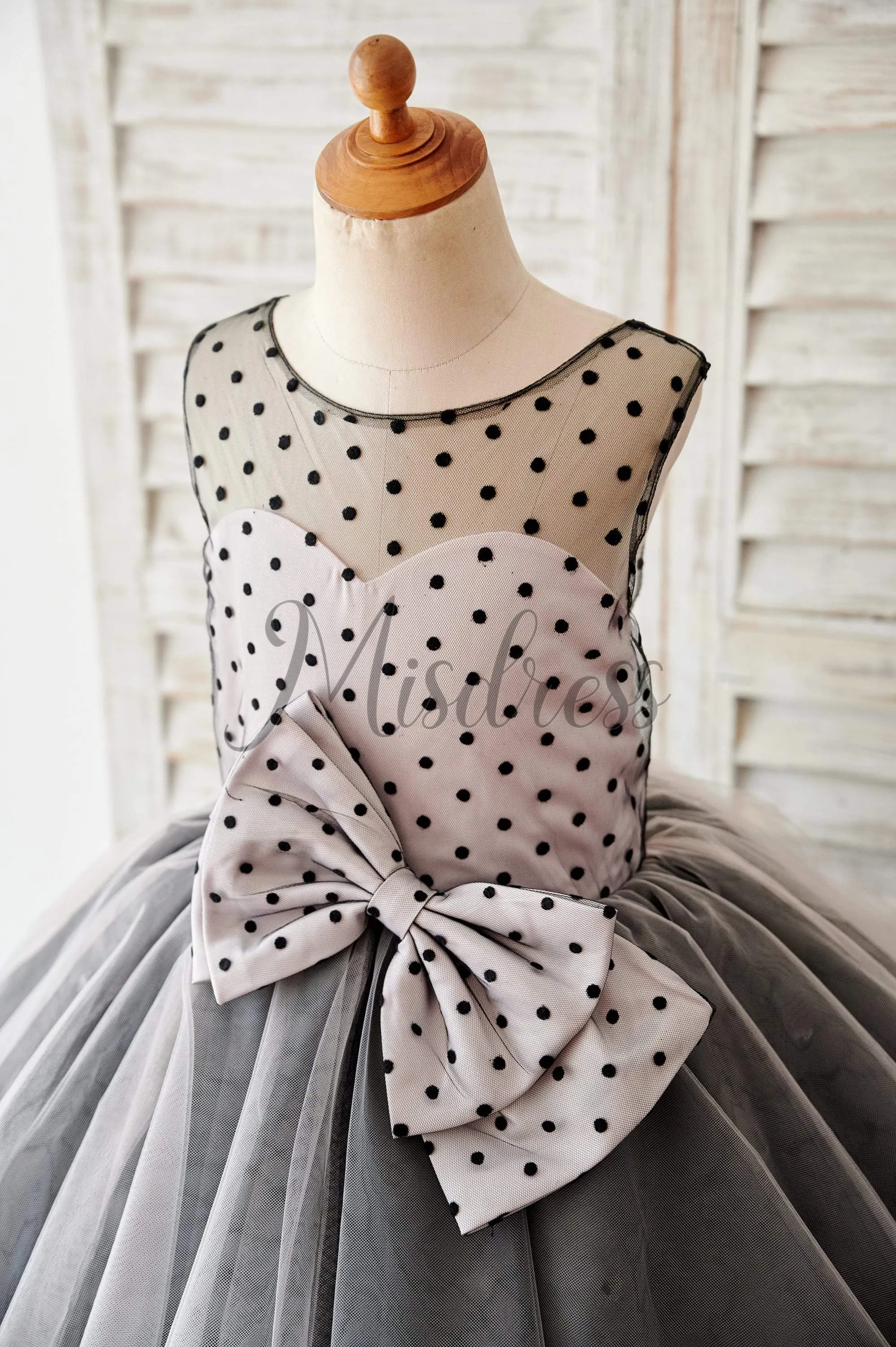 Black Polka Dots Tulle Corset Back Ball Gown Cupcake Wedding Flower Girl Dress