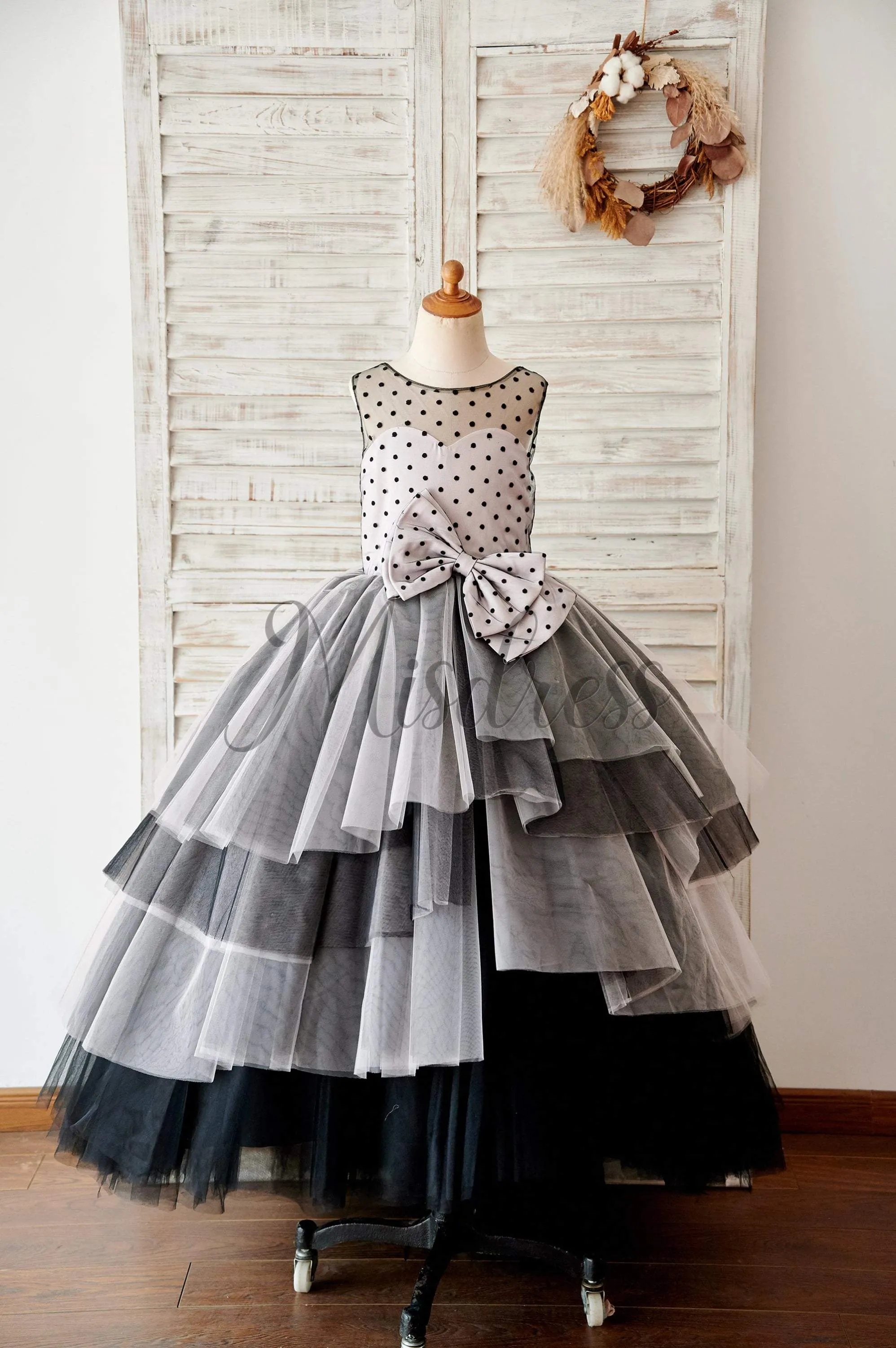 Black Polka Dots Tulle Corset Back Ball Gown Cupcake Wedding Flower Girl Dress