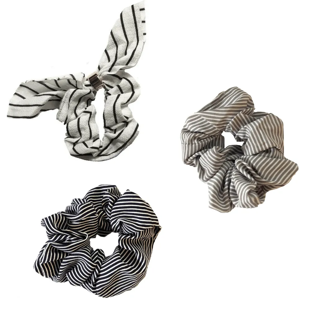 Black, White, Taupe Striped Scrunchie Set