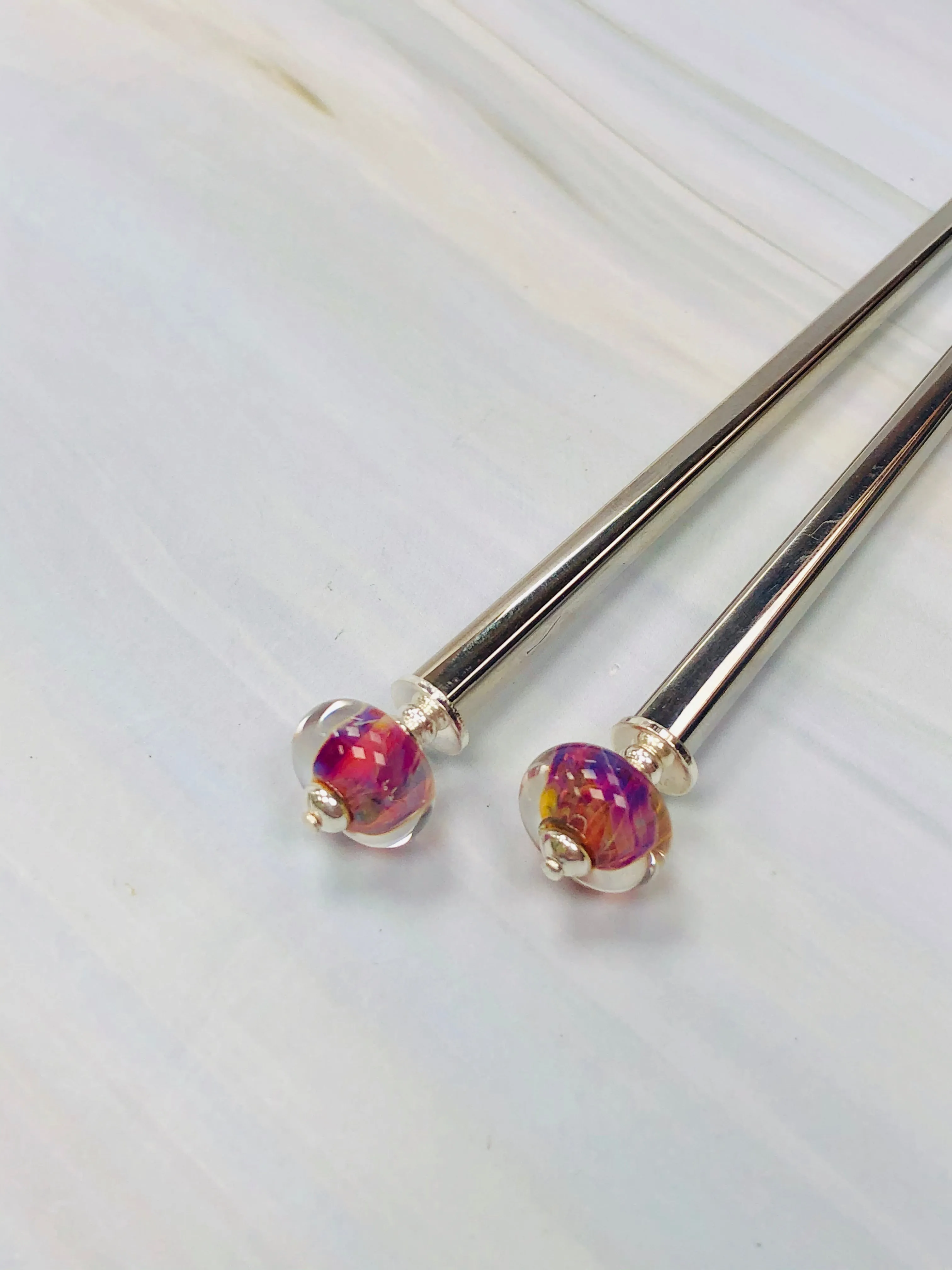 Borosilicate Magenta Art Glass Hair Sticks, hand made hair sticks, shawl pin