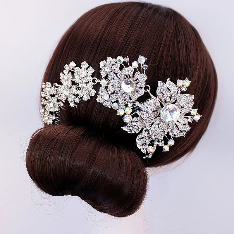 Bridal Hair Accessories Wedding Hair Comb Silver-tone Rhinestone Crystal Flower