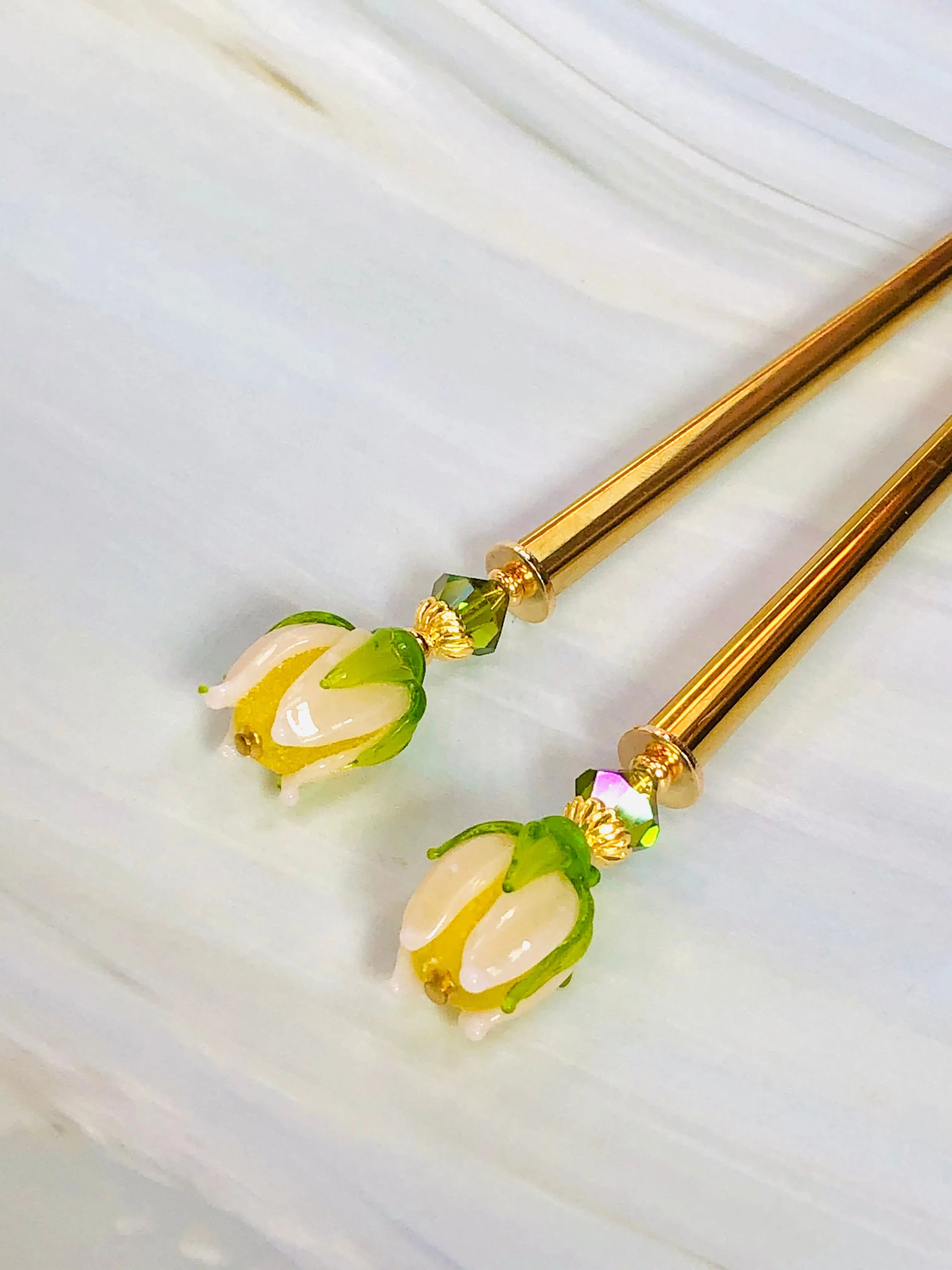 Budding Blooms Gold Art glass hair stick, hand made flower hair stick, shawl pin, sweater pin,