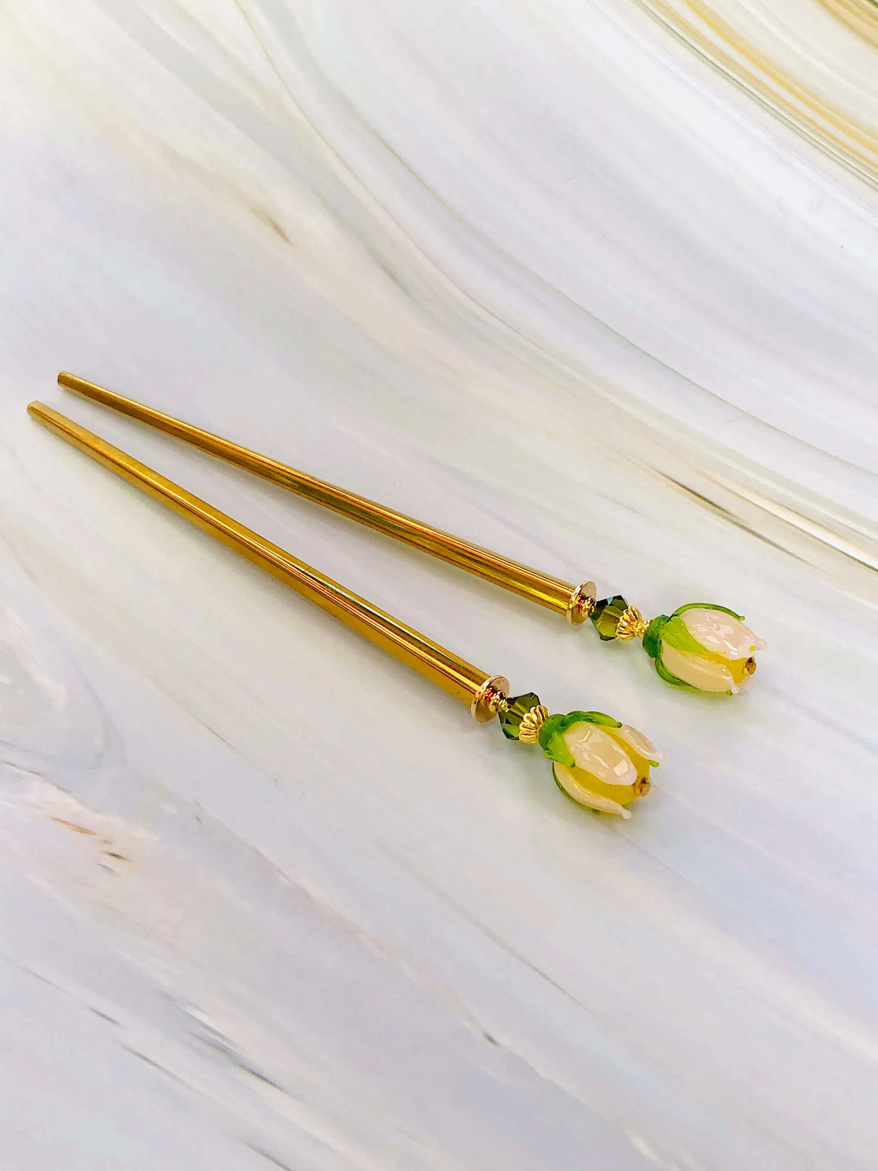 Budding Blooms Gold Art glass hair stick, hand made flower hair stick, shawl pin, sweater pin,