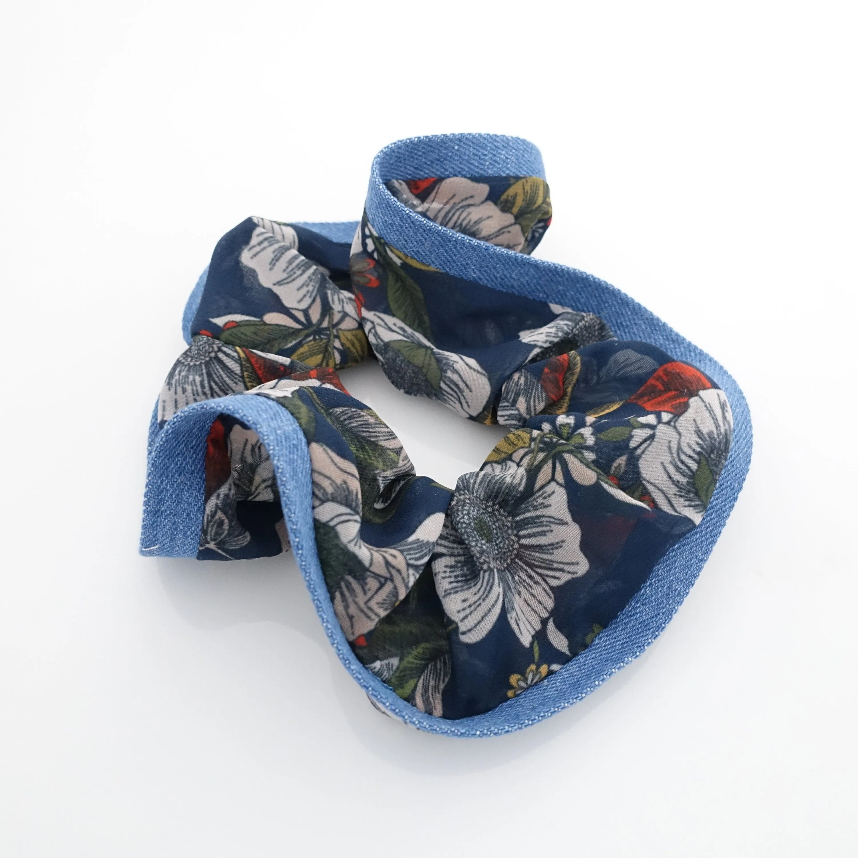 chiffon floral print denim edge scrunchies women hair elastic scrunchie accessory for woman