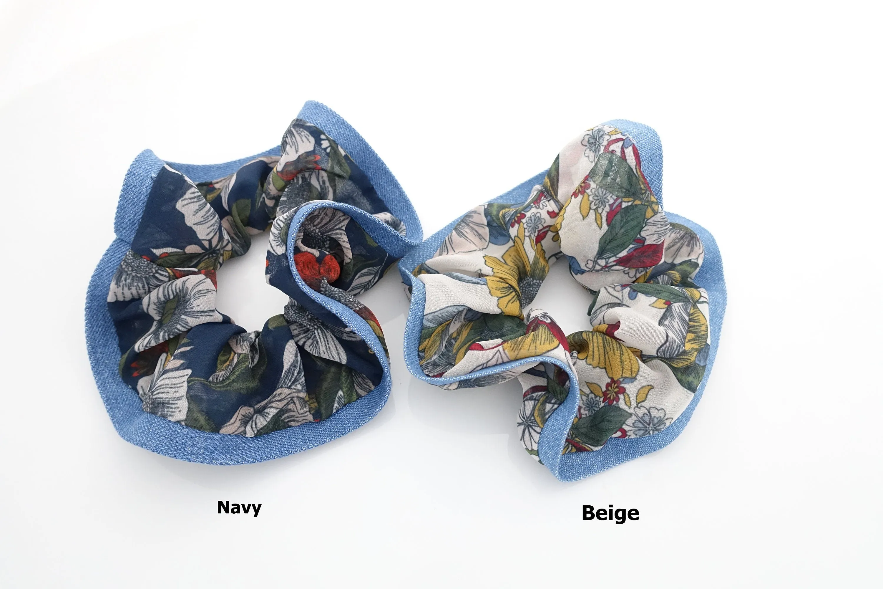 chiffon floral print denim edge scrunchies women hair elastic scrunchie accessory for woman