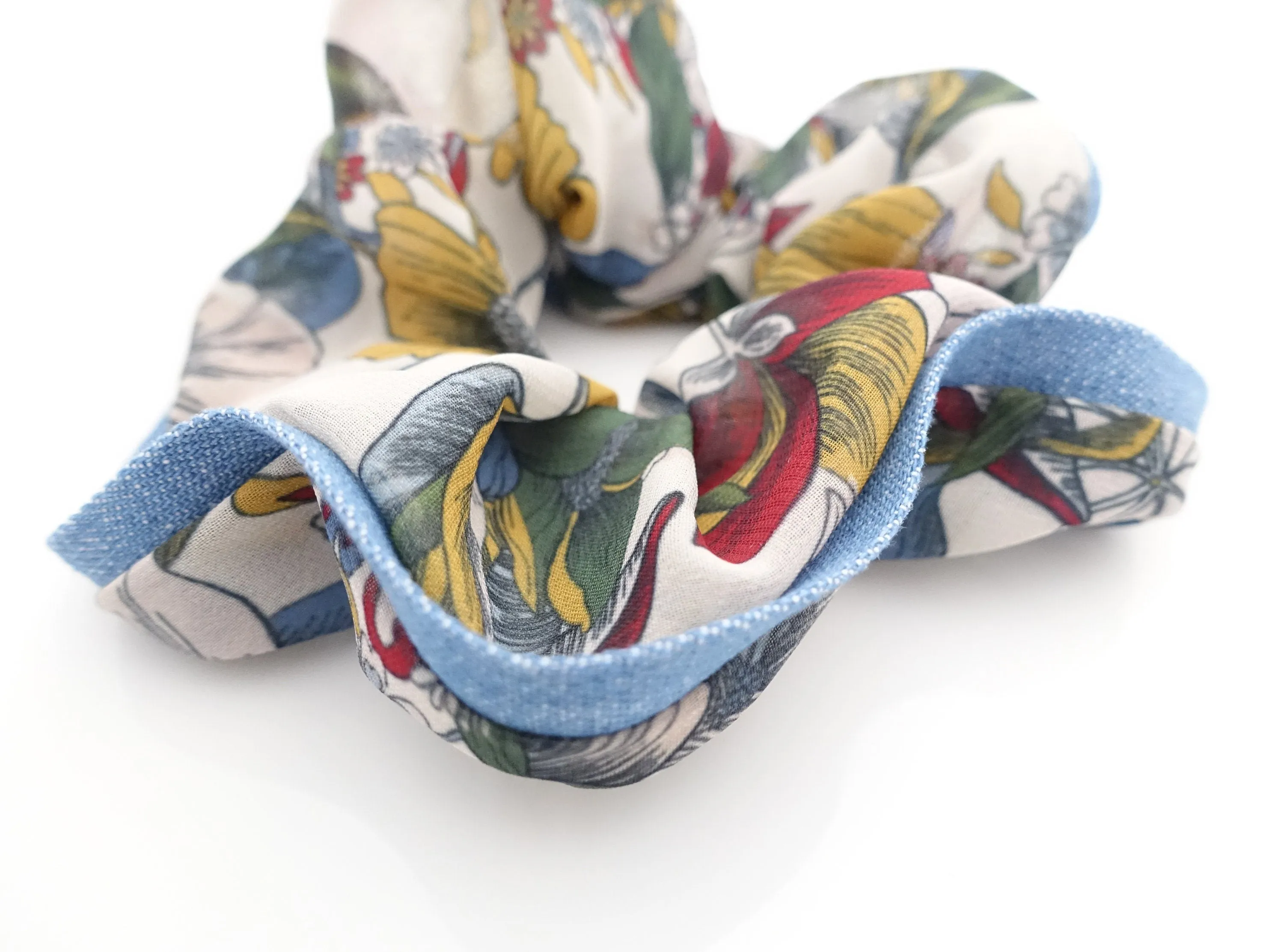 chiffon floral print denim edge scrunchies women hair elastic scrunchie accessory for woman