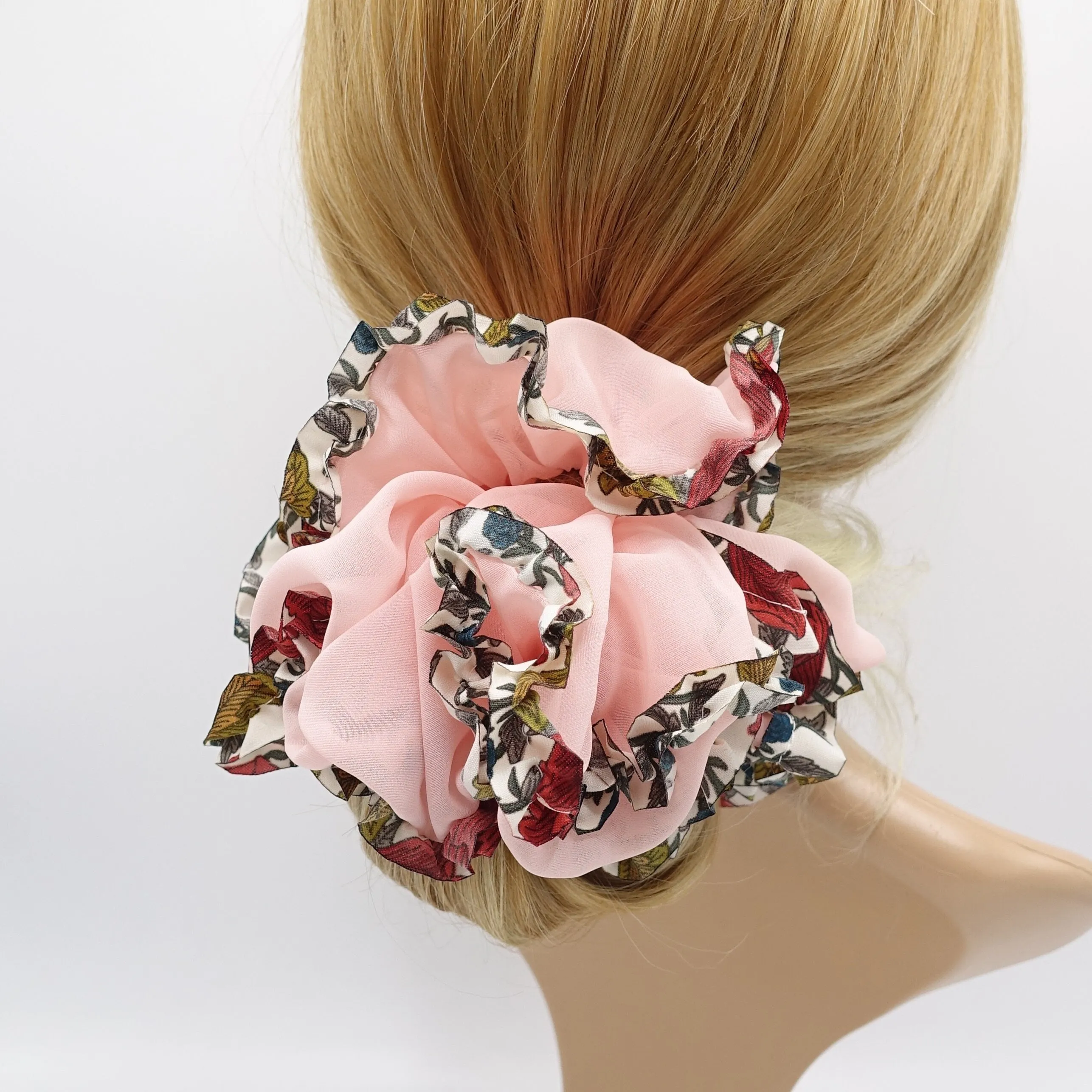 chiffon scrunchies, oversized scrunchies, floral scrunchies for women