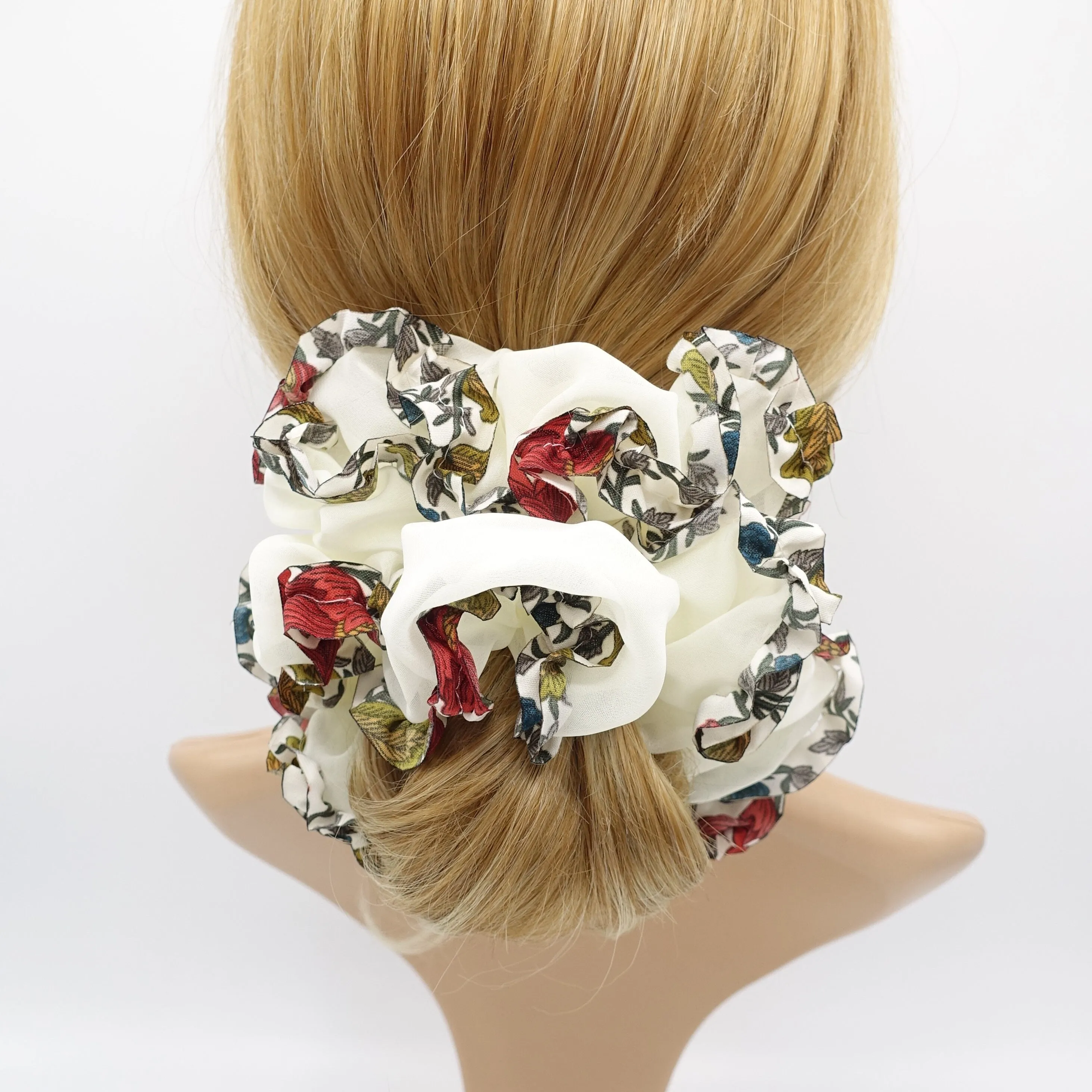 chiffon scrunchies, oversized scrunchies, floral scrunchies for women