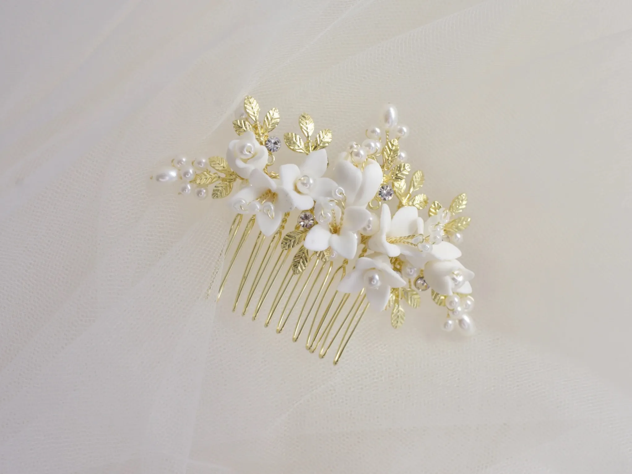 Cora - Porcelain Floral & Pearl Bridal Hair Comb