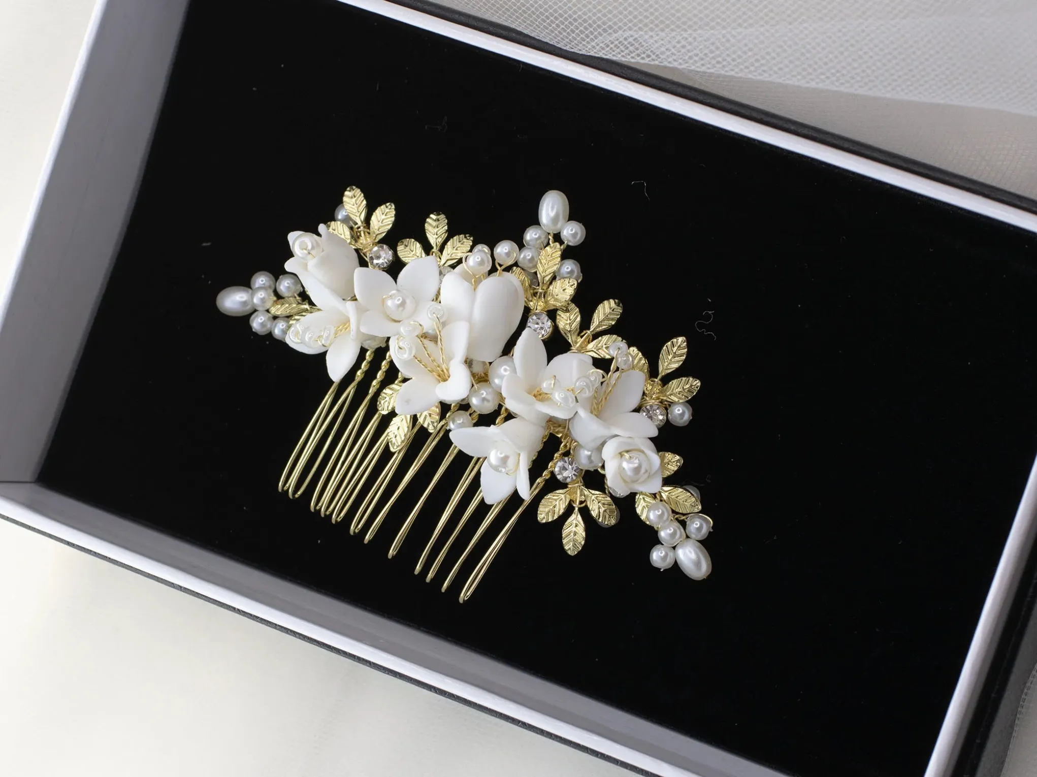 Cora - Porcelain Floral & Pearl Bridal Hair Comb