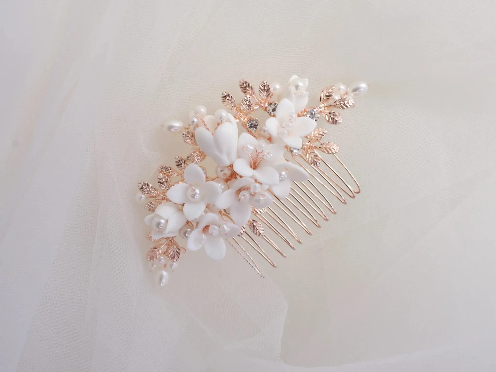 Cora - Porcelain Floral & Pearl Bridal Hair Comb