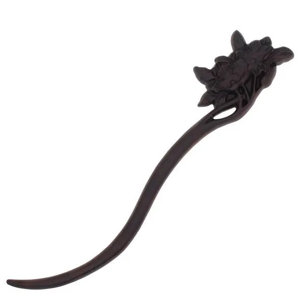 CrystalMood Carved Ebony Wood Flat-Back Hibiscus Hair Stick