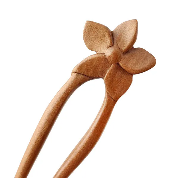 CrystalMood Handmade Carved 2-Prong Wood Floral Hair Stick