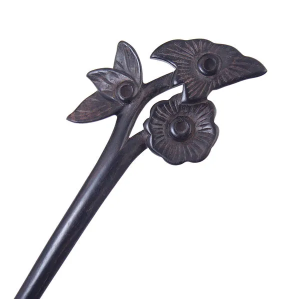 CrystalMood Handmade Carved Wood Hair Stick Blooming 7.75" Ebony