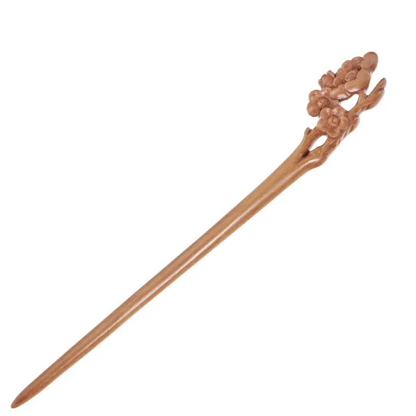 CrystalMood Handmade Carved Wood Hair Stick Plum Flowers