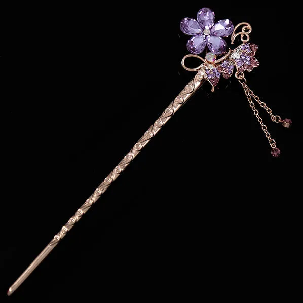 Czech Rhinestone Flower & Butterfly Gold Finish Hair Stick w/ Tassels