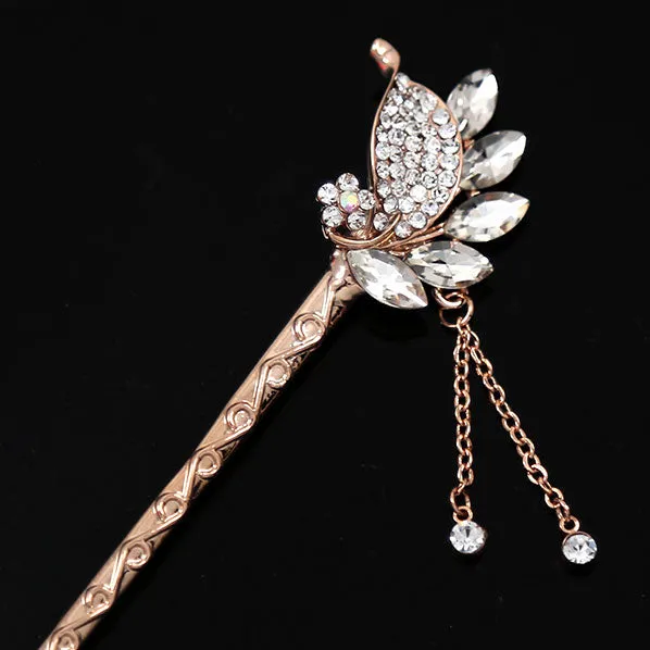 Czech Rhinestone Leaves Gold Finish Hair Stick w/ Tassels