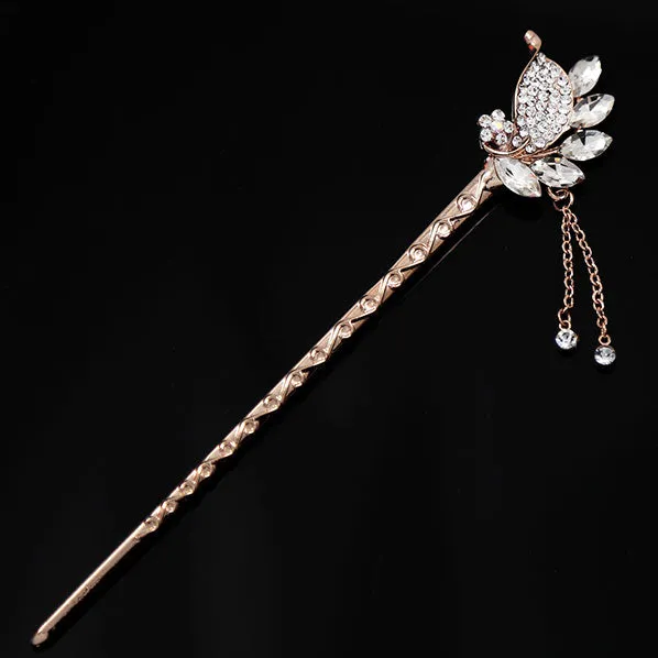 Czech Rhinestone Leaves Gold Finish Hair Stick w/ Tassels