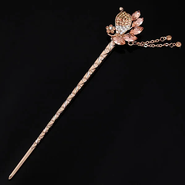 Czech Rhinestone Leaves Gold Finish Hair Stick w/ Tassels