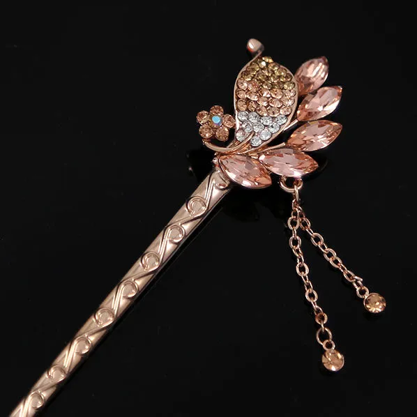 Czech Rhinestone Leaves Gold Finish Hair Stick w/ Tassels