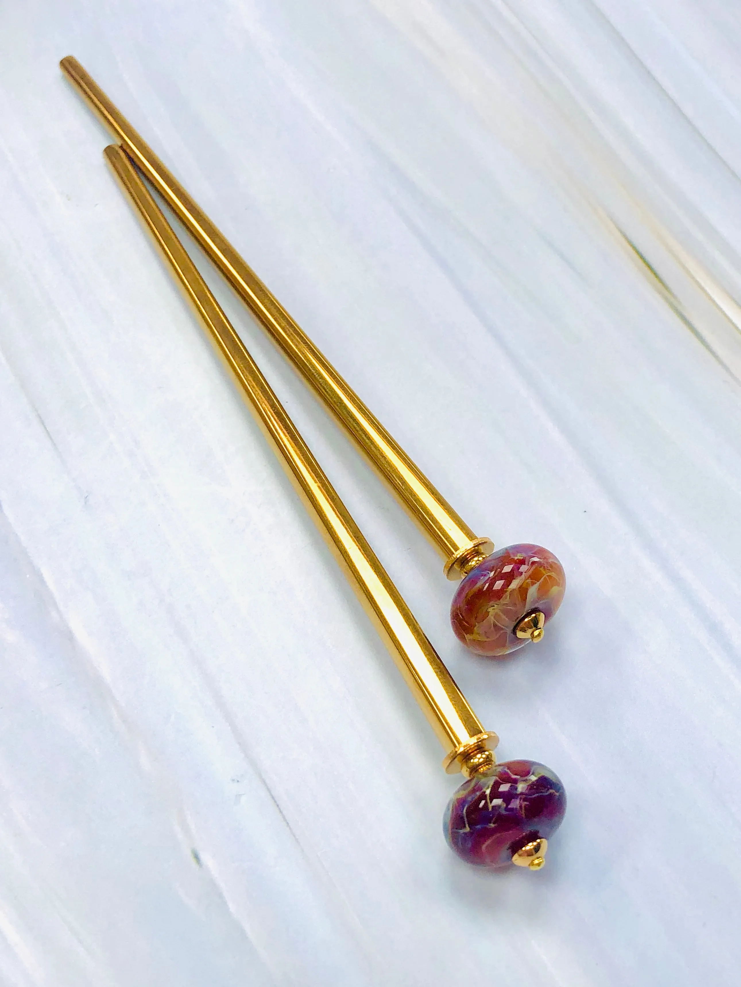 Fire Woman Gold Boro Glass Art Hair Sticks, hand made glass hair sticks, boro shawl pin, sweater pins,