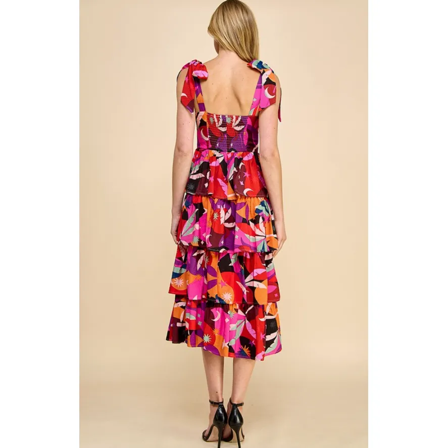 Floral Print Shoulder Strap Bow Tie Shoulder Strap Tiered Midi Dress