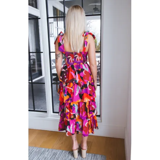 Floral Print Shoulder Strap Bow Tie Shoulder Strap Tiered Midi Dress