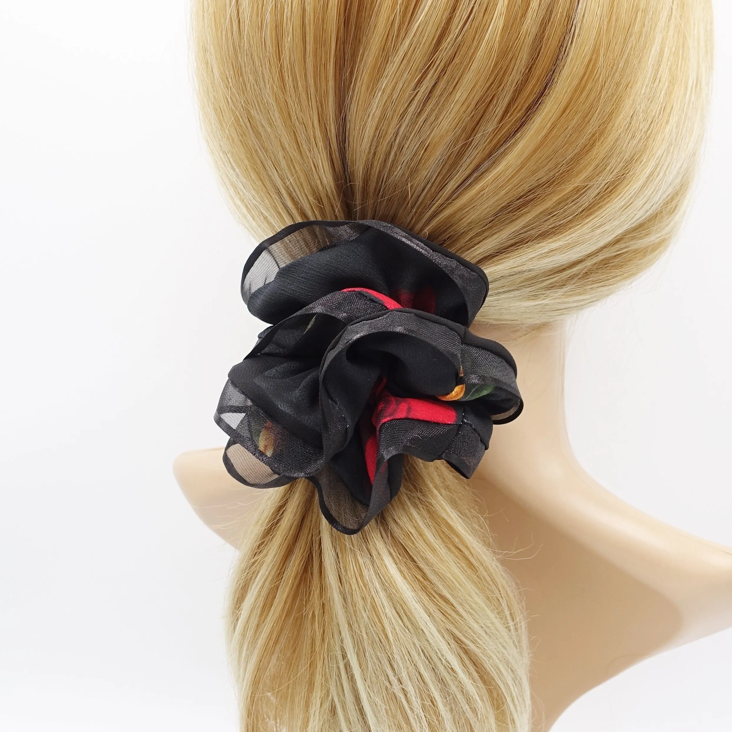 floral scrunchies, organza edge scrunchies, hair ties for women