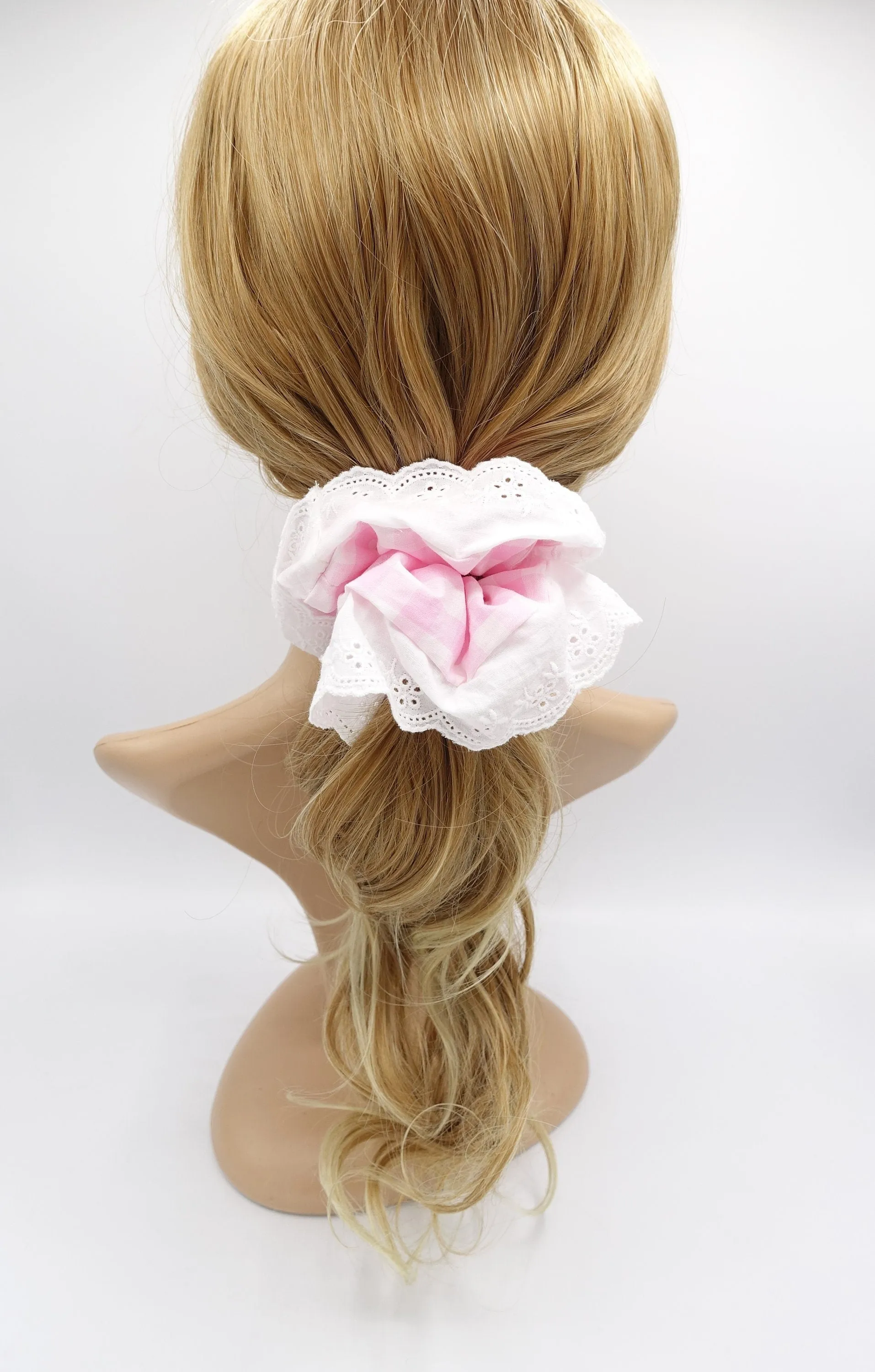 gingham scrunchies, eyelet lace scrunchies, cotton hair tie for women