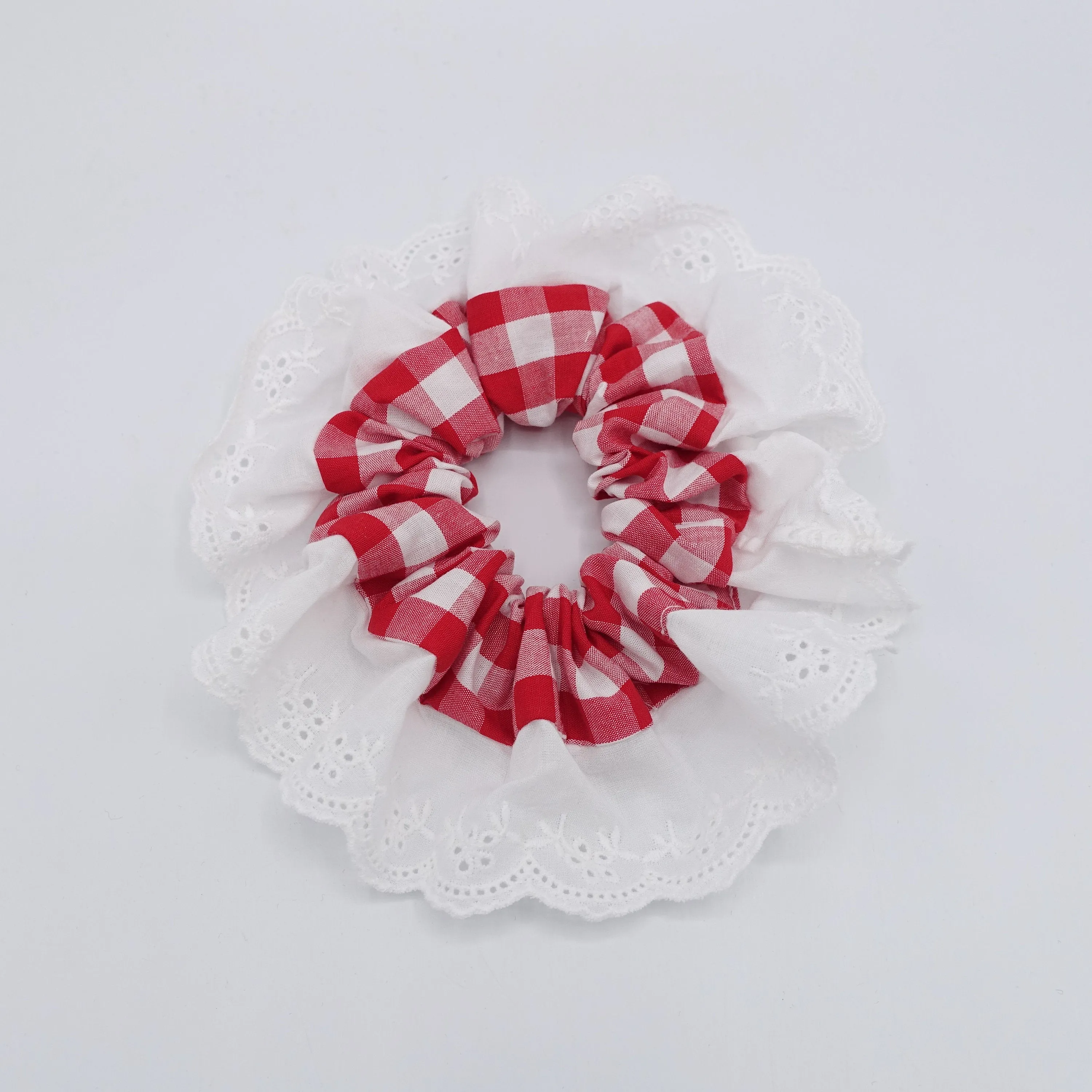 gingham scrunchies, eyelet lace scrunchies, cotton hair tie for women