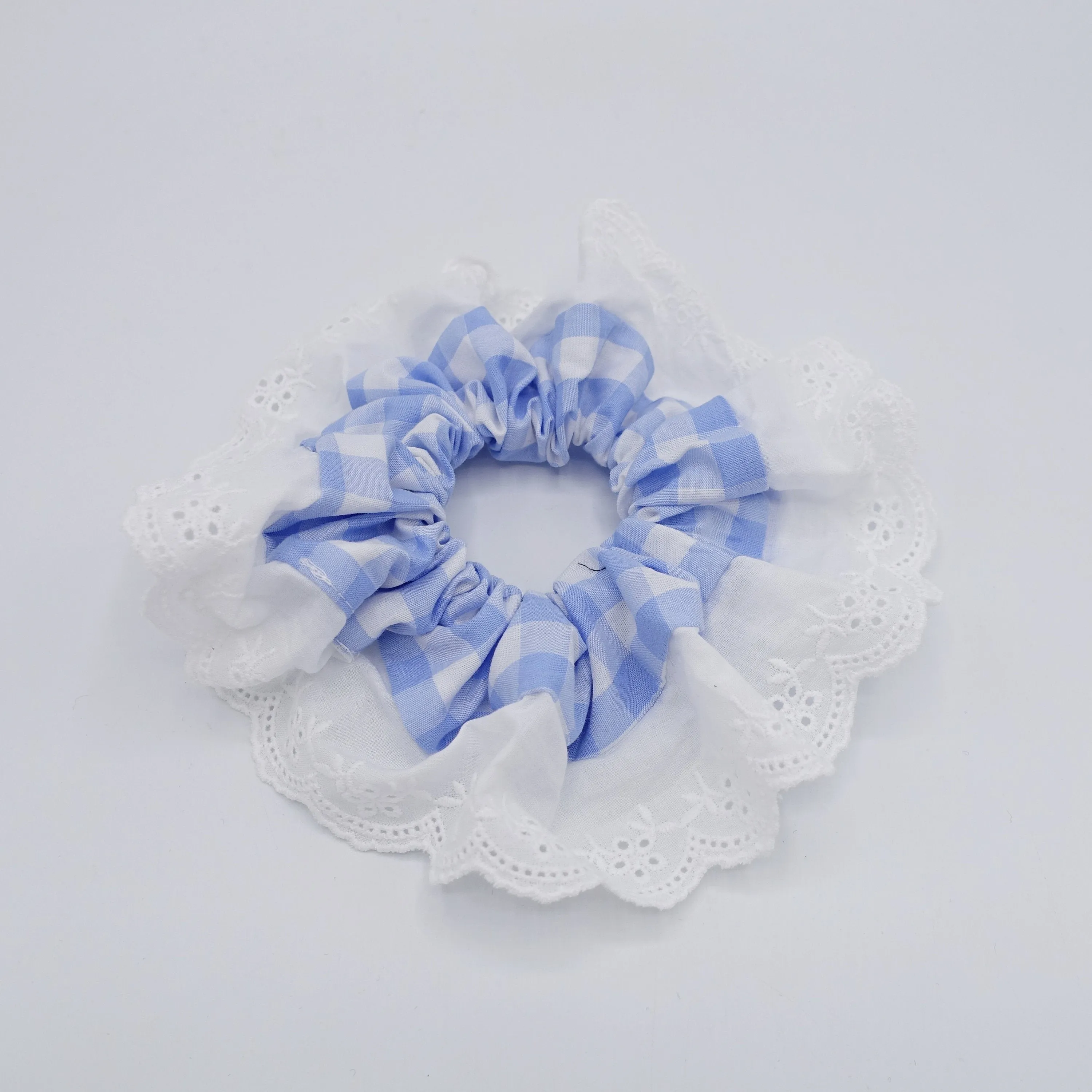 gingham scrunchies, eyelet lace scrunchies, cotton hair tie for women