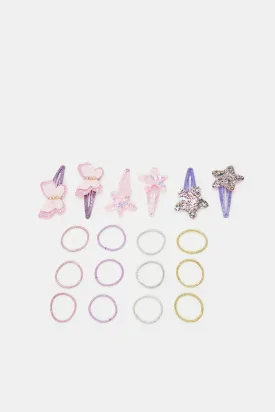 Girls Assorted Embellished Hair Clips And Ties (Pack of 18)