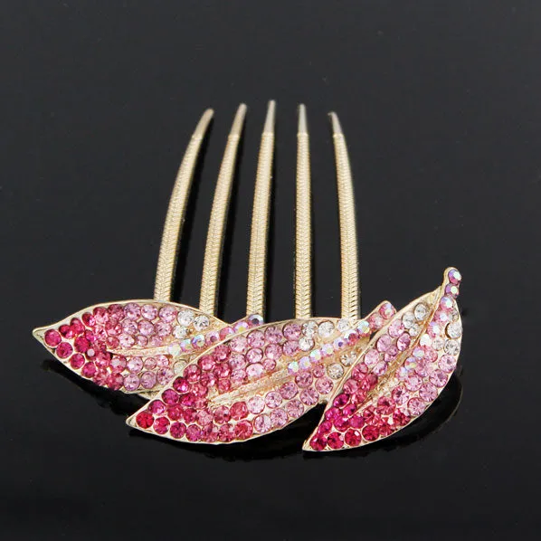 Gold Finish Rhinestone Leaves French Twist Up-do Comb