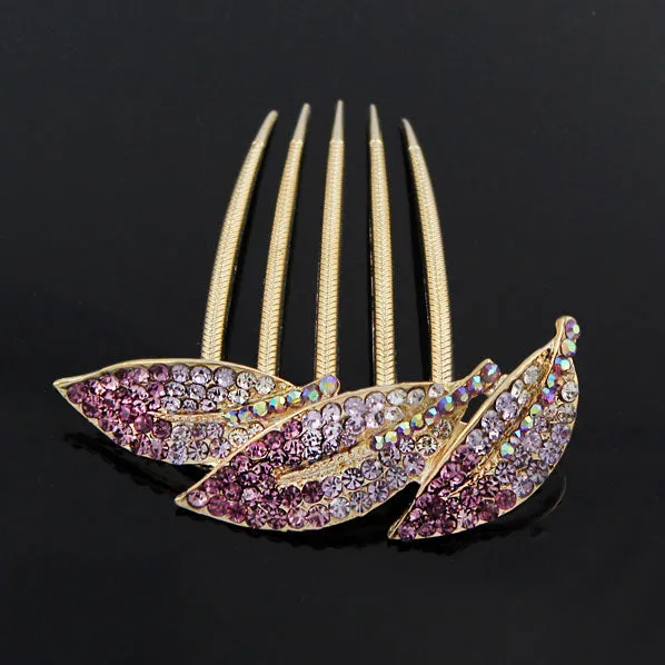 Gold Finish Rhinestone Leaves French Twist Up-do Comb