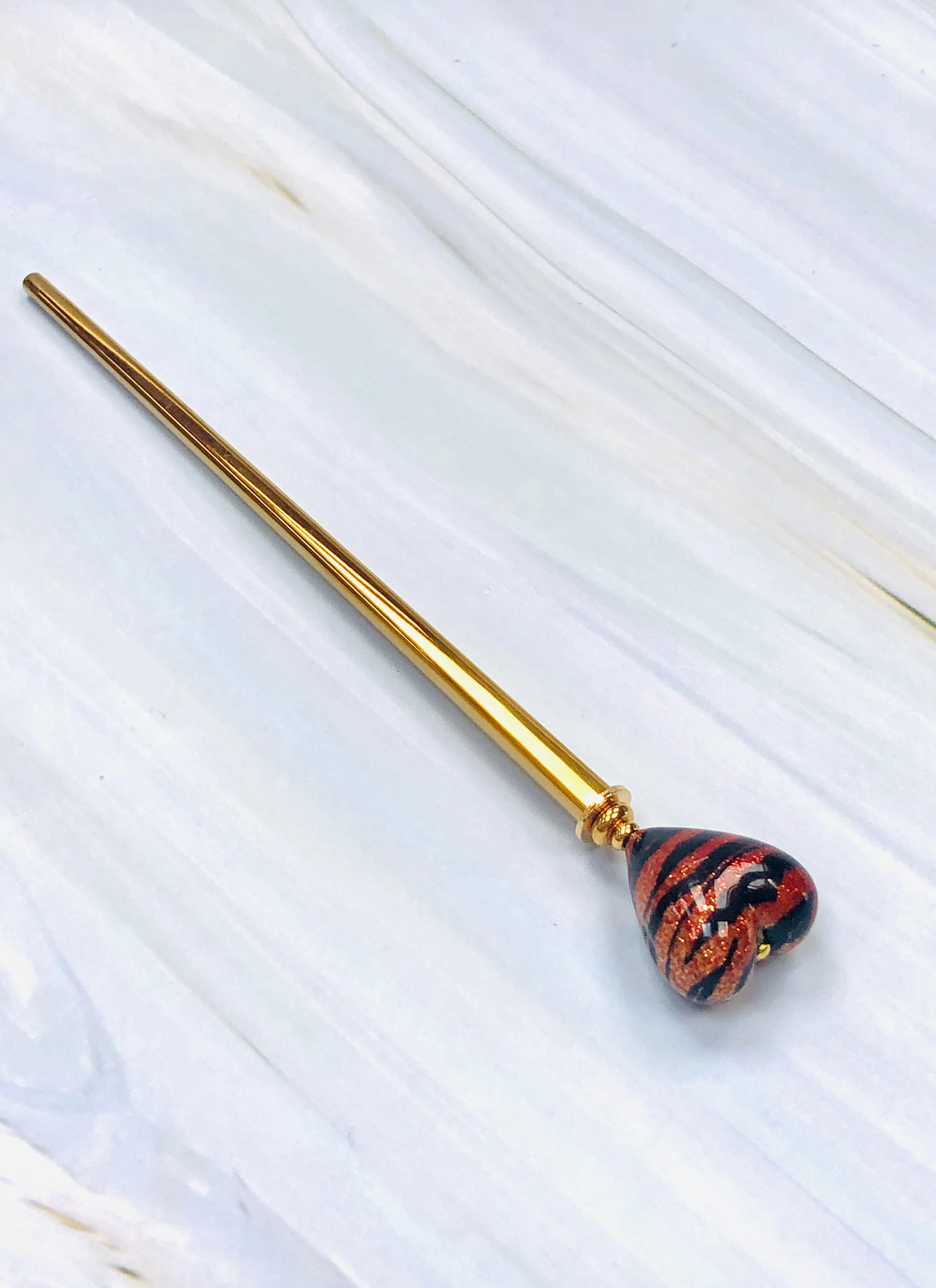 Gold Tiger Heart Hair Stick and Earrings Set