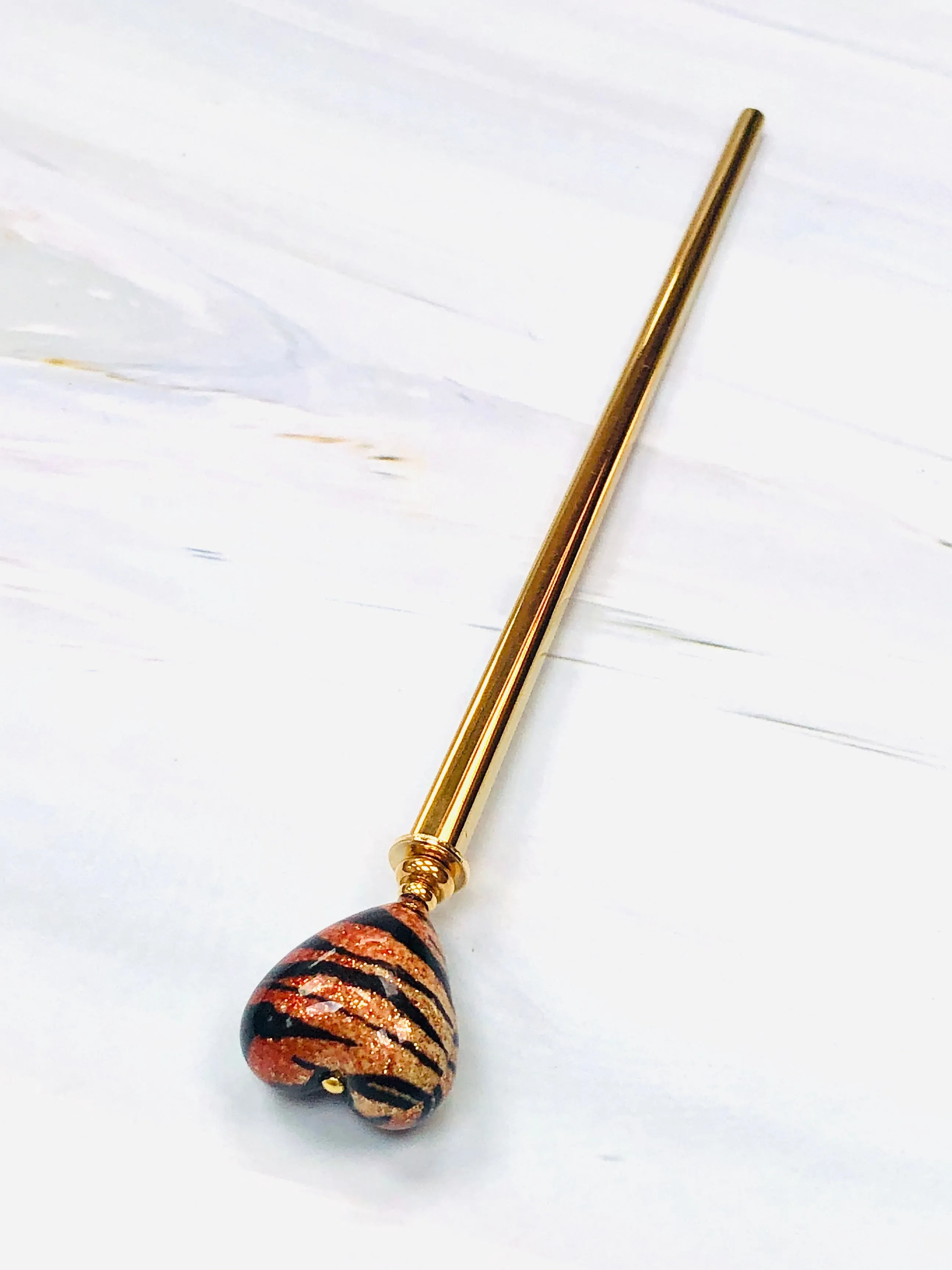 Gold Tiger Heart Hair Stick and Earrings Set