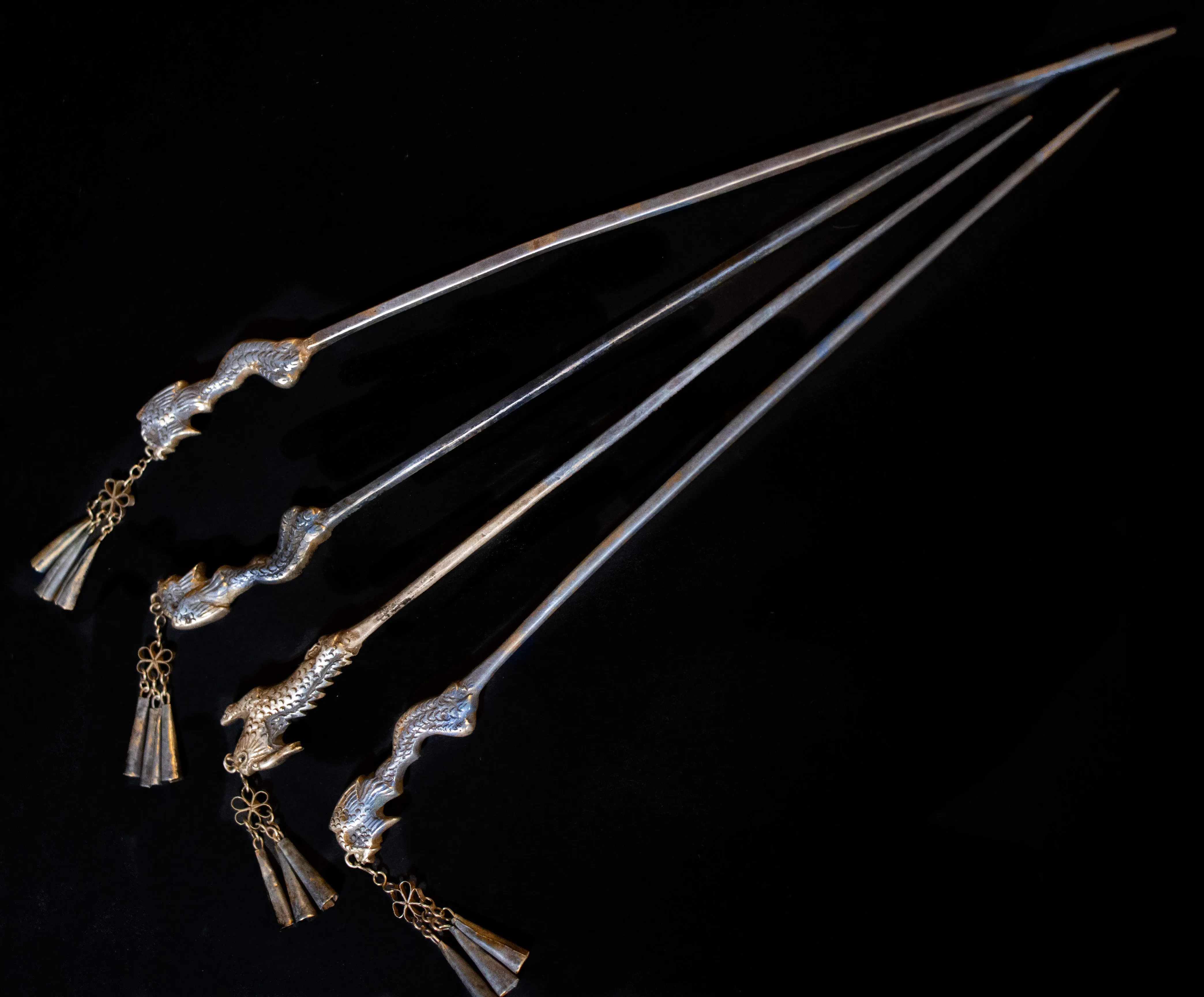 Hair Sticks Set in Antique Silver - Miao Tribes, China