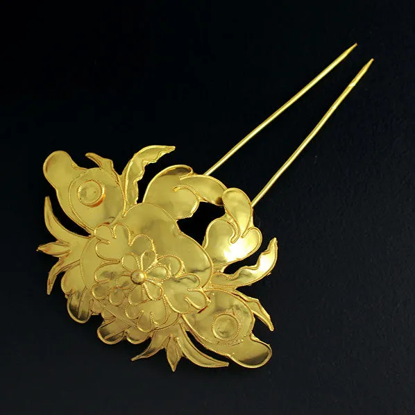 Handmade Miao Filigreed 2-Prong Costume Hair Stick Flower Gold