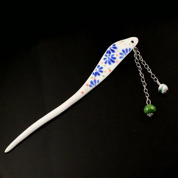 Handmade Porcelain China Freeform Hair Stick Blue Flowers