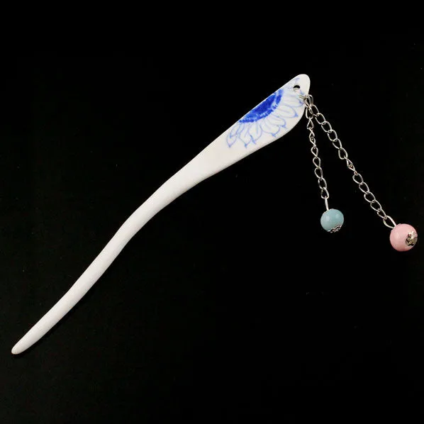 Handmade Porcelain China Freeform Hair Stick Blue Sunflower