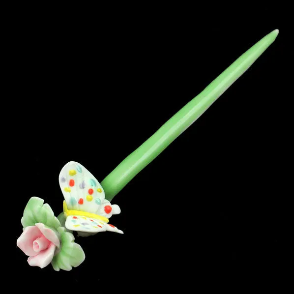 Handmade Porcelain China Hair Stick Butterfly and Flower