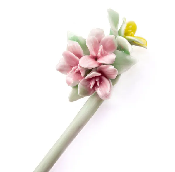 Handmade Porcelain China Orchid Hair Stick Pink