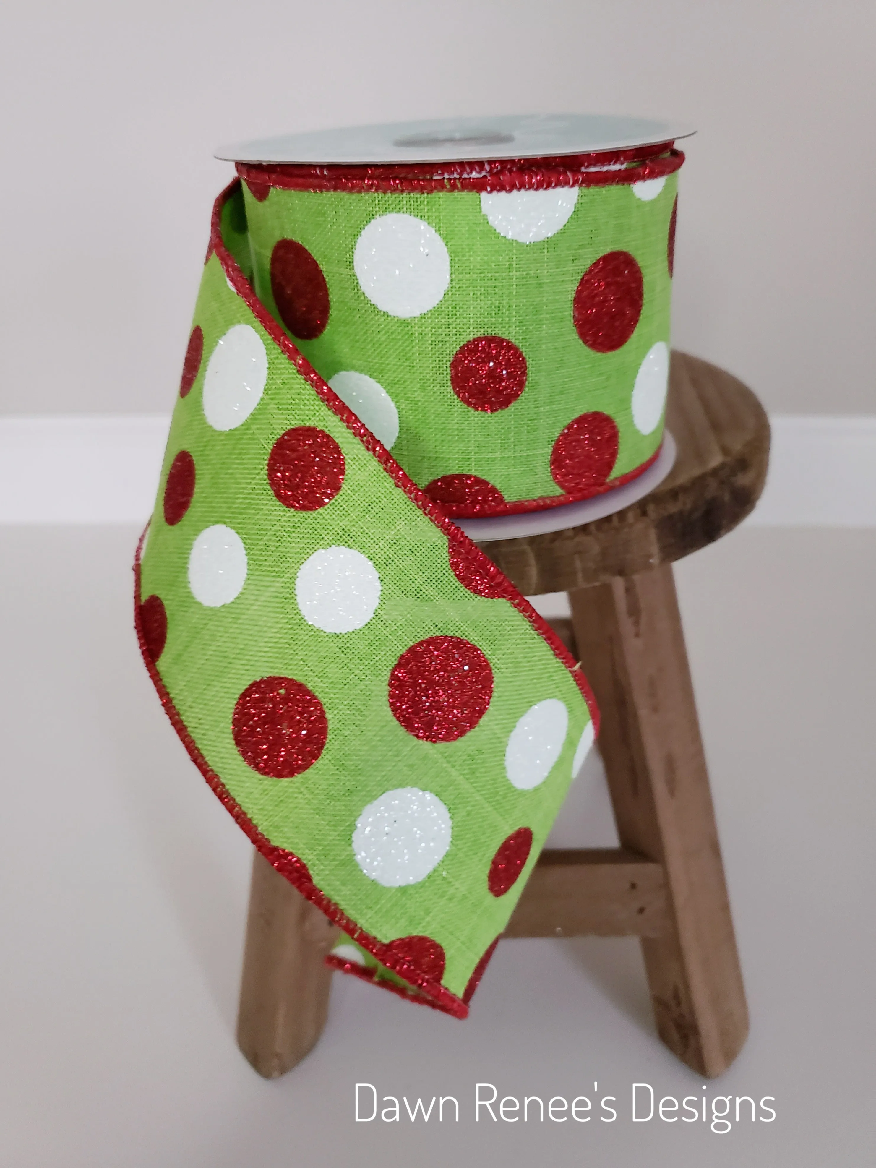 Lime Green Red White Polka Dot Ribbon, 2.5" X 10 Yds Christmas Ribbon