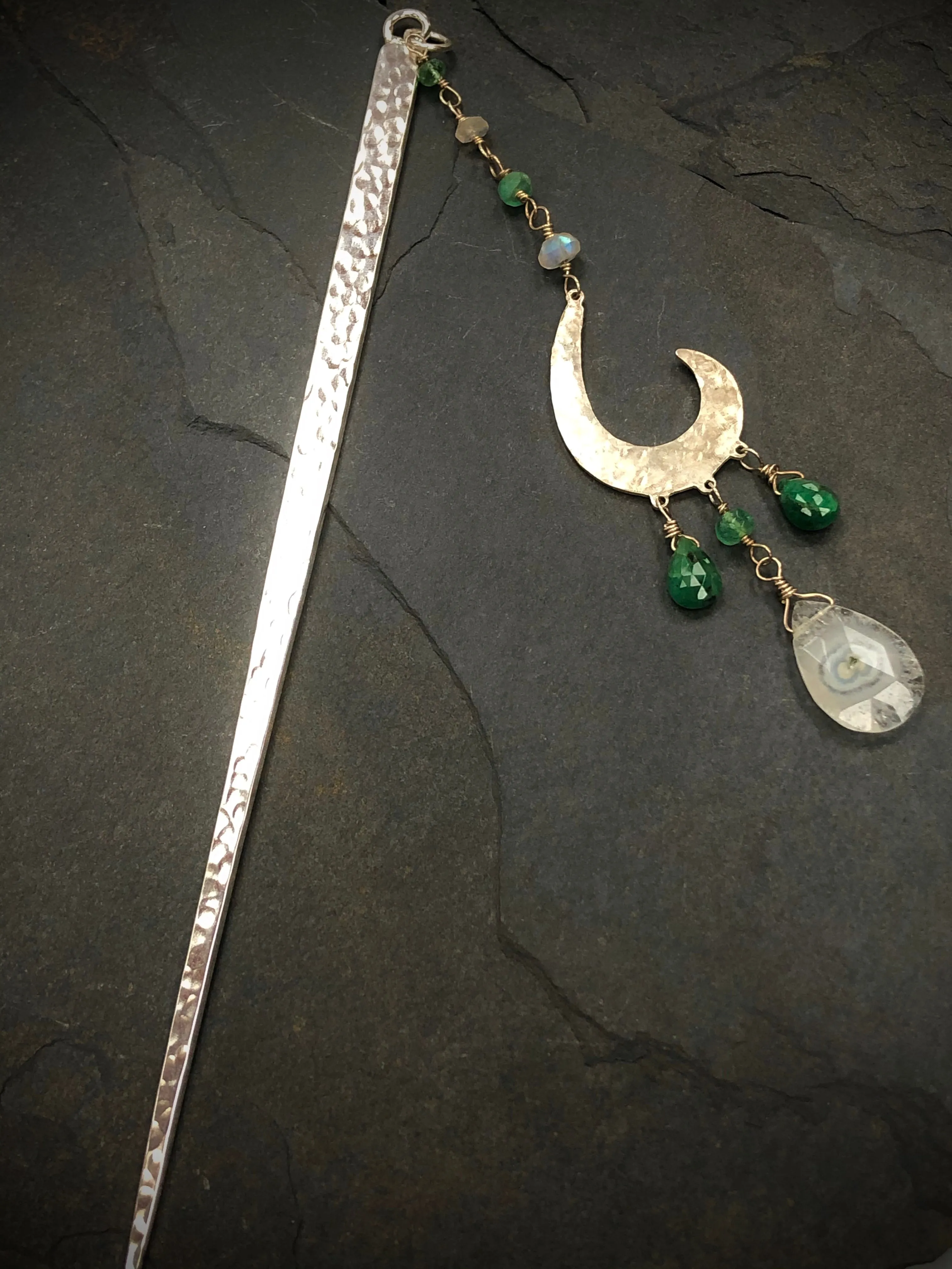 Luxury Hammered Silver Gemstone Hair stick Kanzashi Moonstone and genuine Emerald Hair Stick