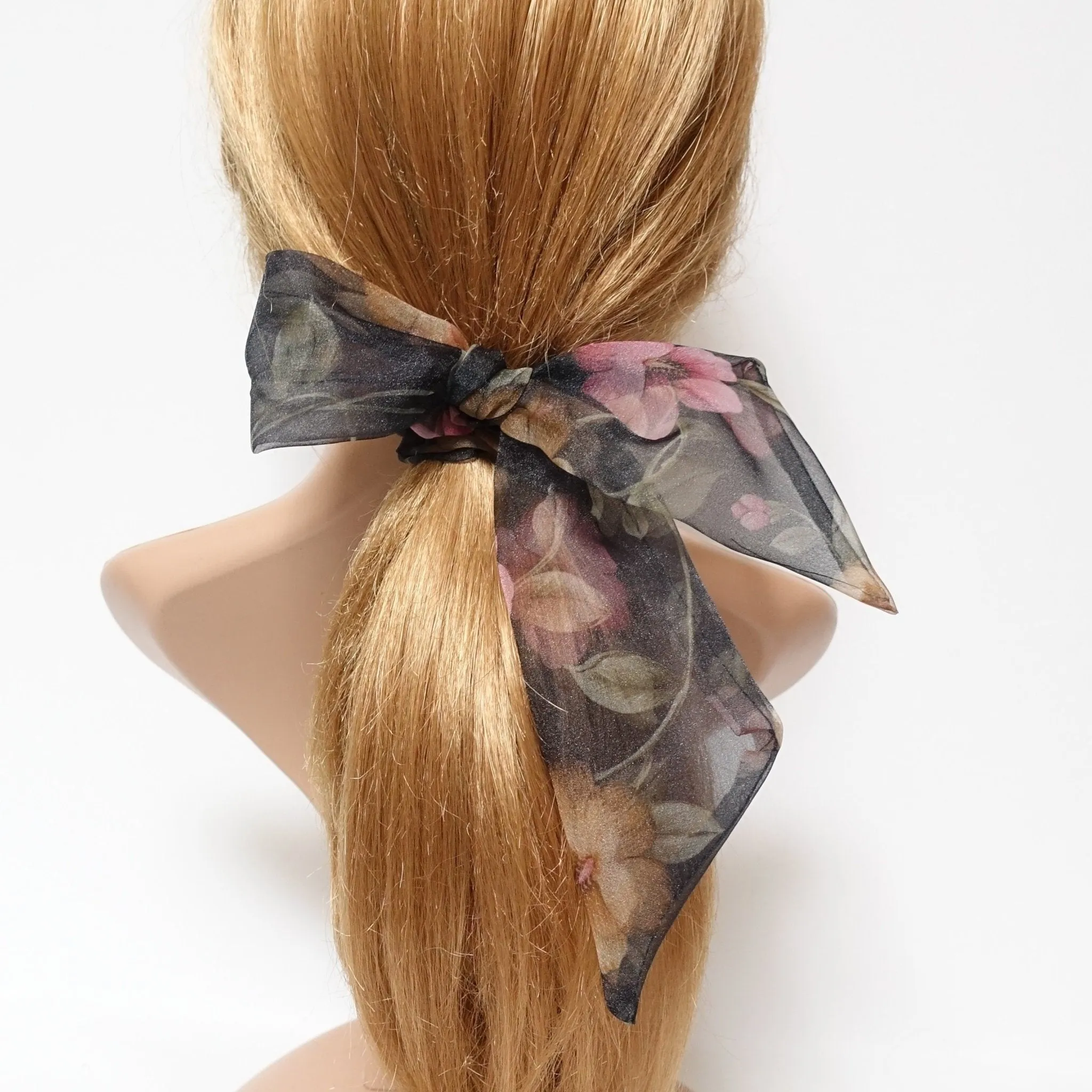 organdy mesh flower print bow knot scrunchies woman hair accessory