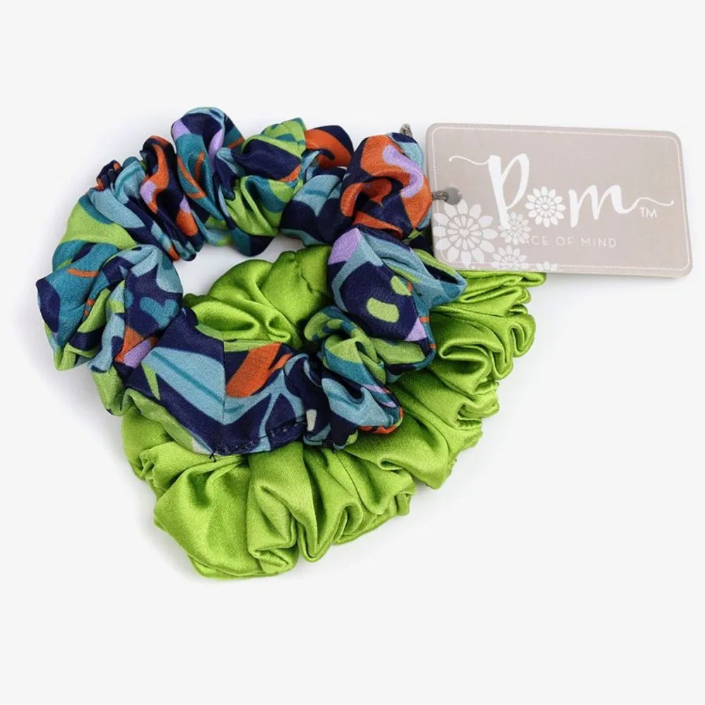 POM Navy and Lime Mix Tropical and Plain Scrunchie Duo